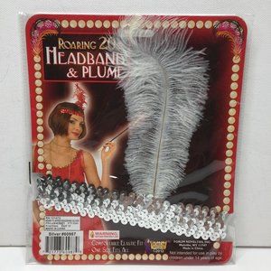 Halloween Roaring 20s Silver Sequin Headband White Plume Flapper Showgirl Vegas